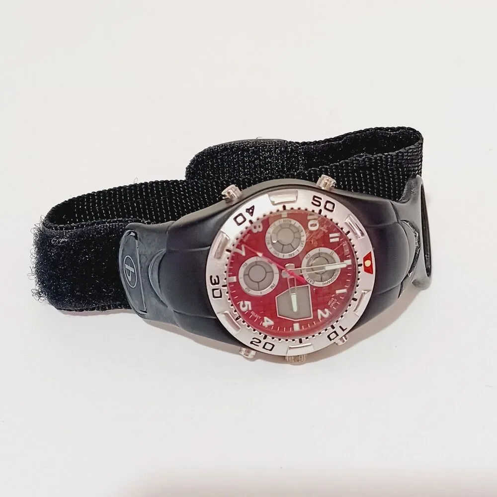 Vtg BUM Equipment Mens Sport Watch Black Red Hook Loop Band NEEDS BATTERY